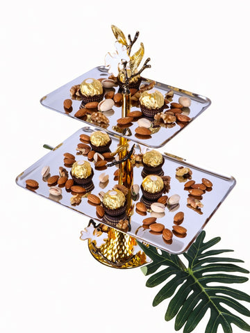 2-Tier Stainless Steel Rectangular Serving Platter with Orchid Electroplated Design