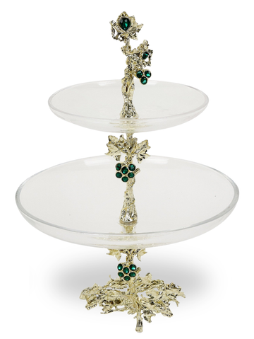 Emerald Collection | Luxury 2-Tier Glass Platter | Silver Vine & Emerald Accents