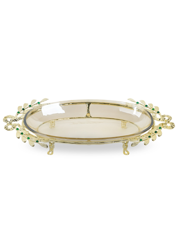 Emerald Collection | Luxury Glass Serving Dish | Gold Laurel & Emerald Accents