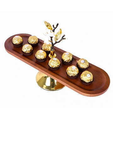 Single-Tier Oval Wooden Serving Platter with Electroplated Golden Stand