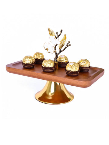 Single-Tier Wooden Serving Platter with Golden Stand - Orchid Design