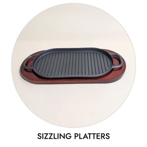 cast iron sizzling platters, sizzling steak plates, cast iron steak platter, steak serving plate, bamboo wood base platter, fajita platter, restaurant steak plates, hot serving platters, BIK Concepts