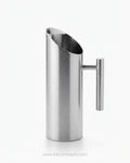A modern stainless steel pitcher with a slanted pouring spout and a cylindrical side handle, Commercial Stainless Steel Water Pitcher, 1.5 Liter Stainless Beverage Jug, Hotel Room Service Water Jug, Catering Stainless Steel Carafe, Modern Cylinder Beverage Pitcher, Stainless Steel Pitcher with Ice Guard, Commercial Dining Room Water Pitcher, Silver Stainless Steel Serving Jug, Hotel Banquet Water Pitcher, Restaurant Metal Drink Pitcher