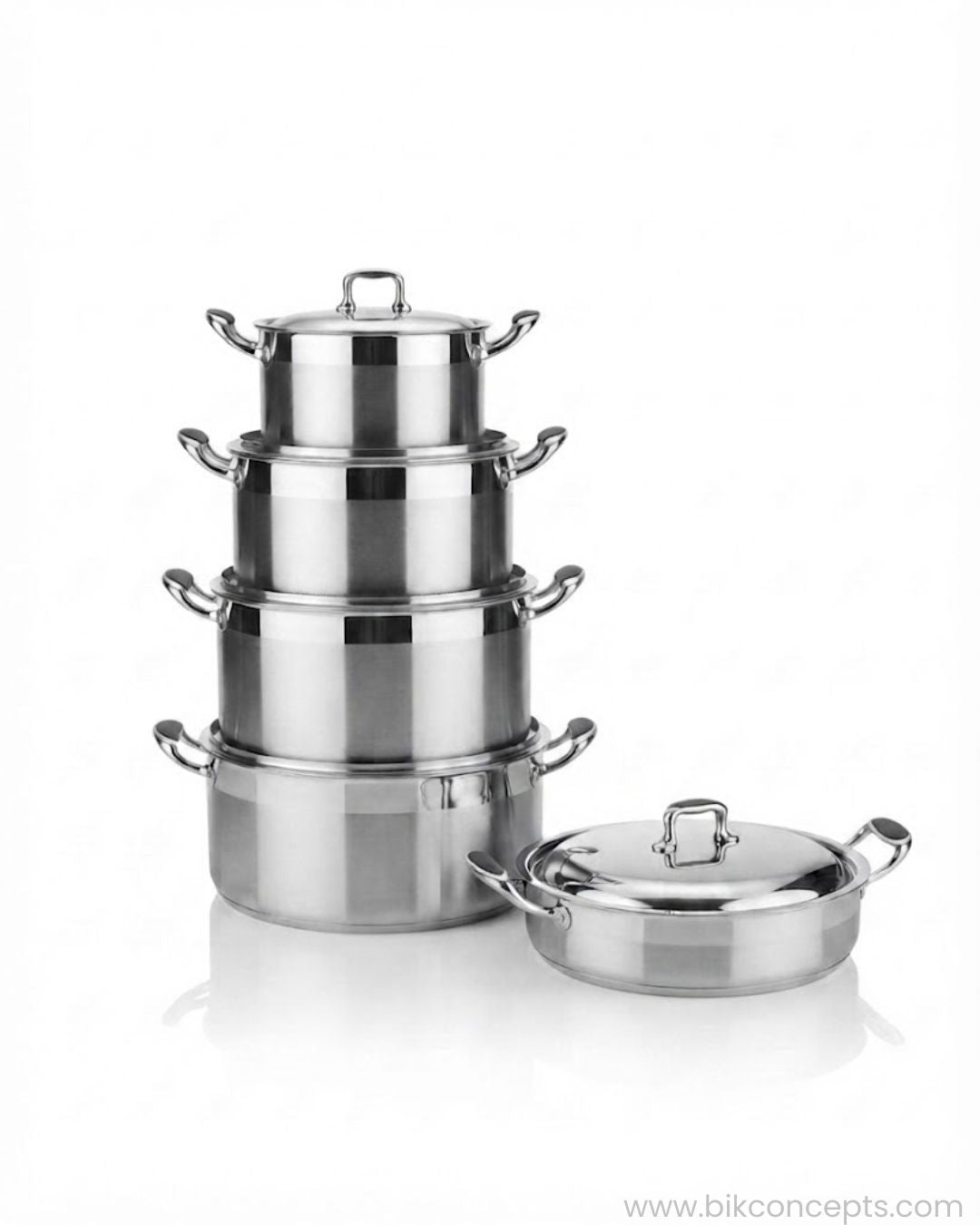 A set of four nested stainless steel pots with matching lids, 10 Piece Stainless Steel Cookware Set, 5 Layer 304 Stainless Steel Pots, Honeycomb Non Stick Casserole Set, Commercial Catering Stockpot Set USA, Professional Stainless Steel Dutch Ovens, Induction Compatible Heavy Duty Pots, Large Shallow Casserole Pan with Lid, Silver Honeycomb Technology Cookware, Premium Estate Kitchenware Set, High End Restaurant Grade Pot Set
