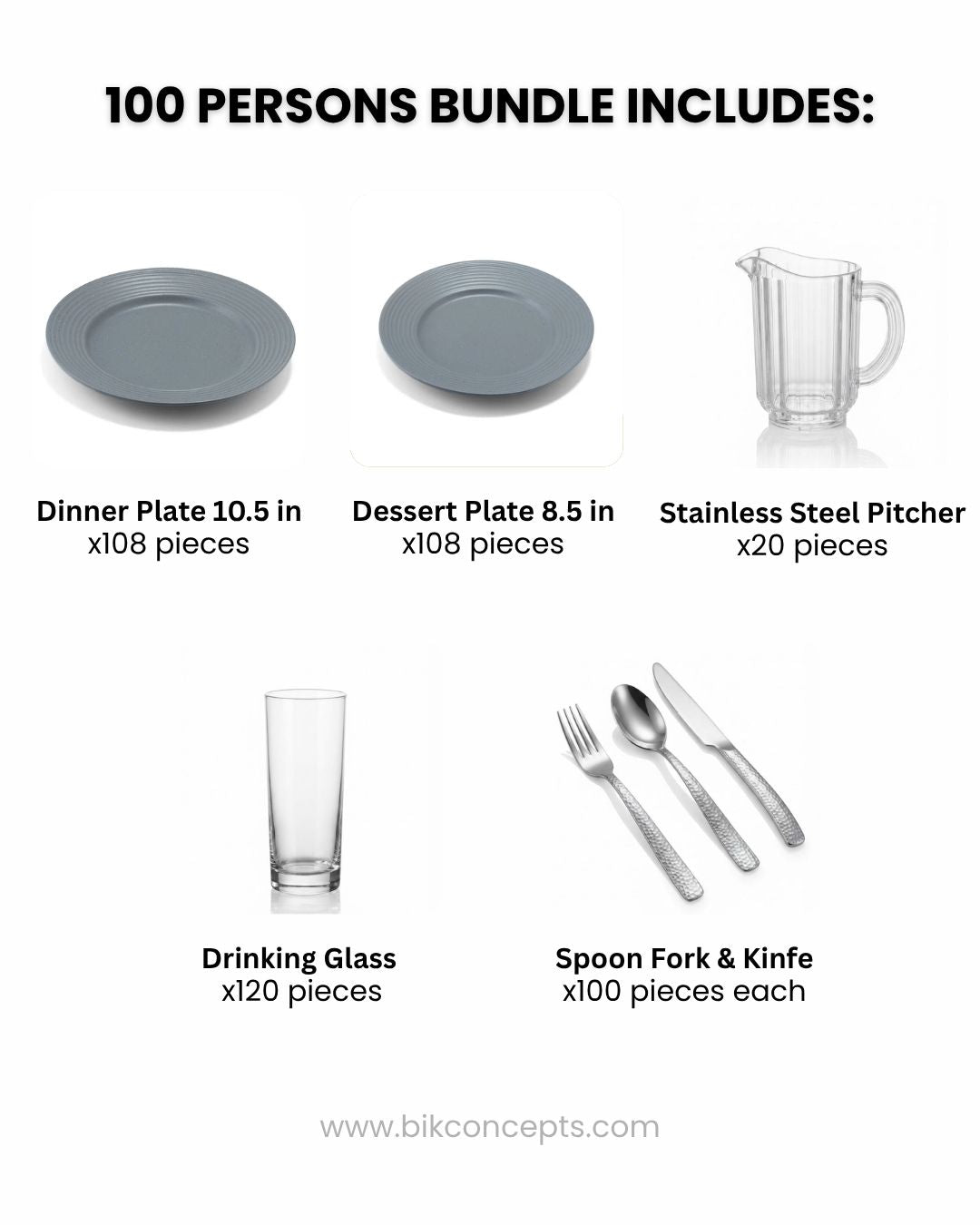 100 Person Commercial Tableware Set, Slate Grey Porcelain Dinnerware Bulk, Wholesale Banquet Tableware Package, Heavy Gauge Silver Flatware Bulk, Restaurant Tableware Bundle 100 Guests, Modern Catering Plates and Flatware, 1.5L Clear Fluted Beverage Pitcher Bulk, High End Hospitality Event Tableware