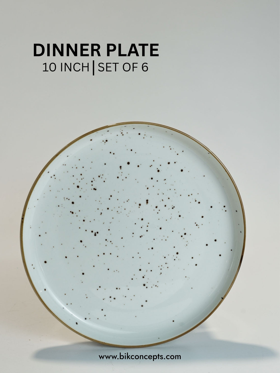 10 inch speckled white dinnerware set of 6, ceramic main course dinner plates, artisanal white stoneware plates with brown rim, BIK Concepts commercial grade ceramic plates, microwave dishwasher safe white dinnerware set