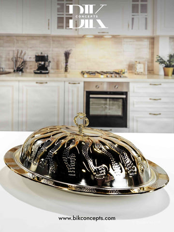 Oval Serving Dish with Dome Lid Two-Tone Silver & Gold | Luxury Covered Platter