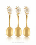 Three gold spoons with sunflower-shaped handles, Gold Stainless Steel Rice Serving Spoon, Sunflower Flat Rice Paddle, 11 Inch Flat Gold Serving Spoon, Set of 3 Gold Rice Spoons, Set of 5 Buffet Rice Paddles, Decorative Floral Handle Kitchen Utensils, Gold Biryani Serving Spoon Set, Luxury Tableware Rice Server, Decorative Flat Serving Utensils, High End Entertaining Rice Paddle