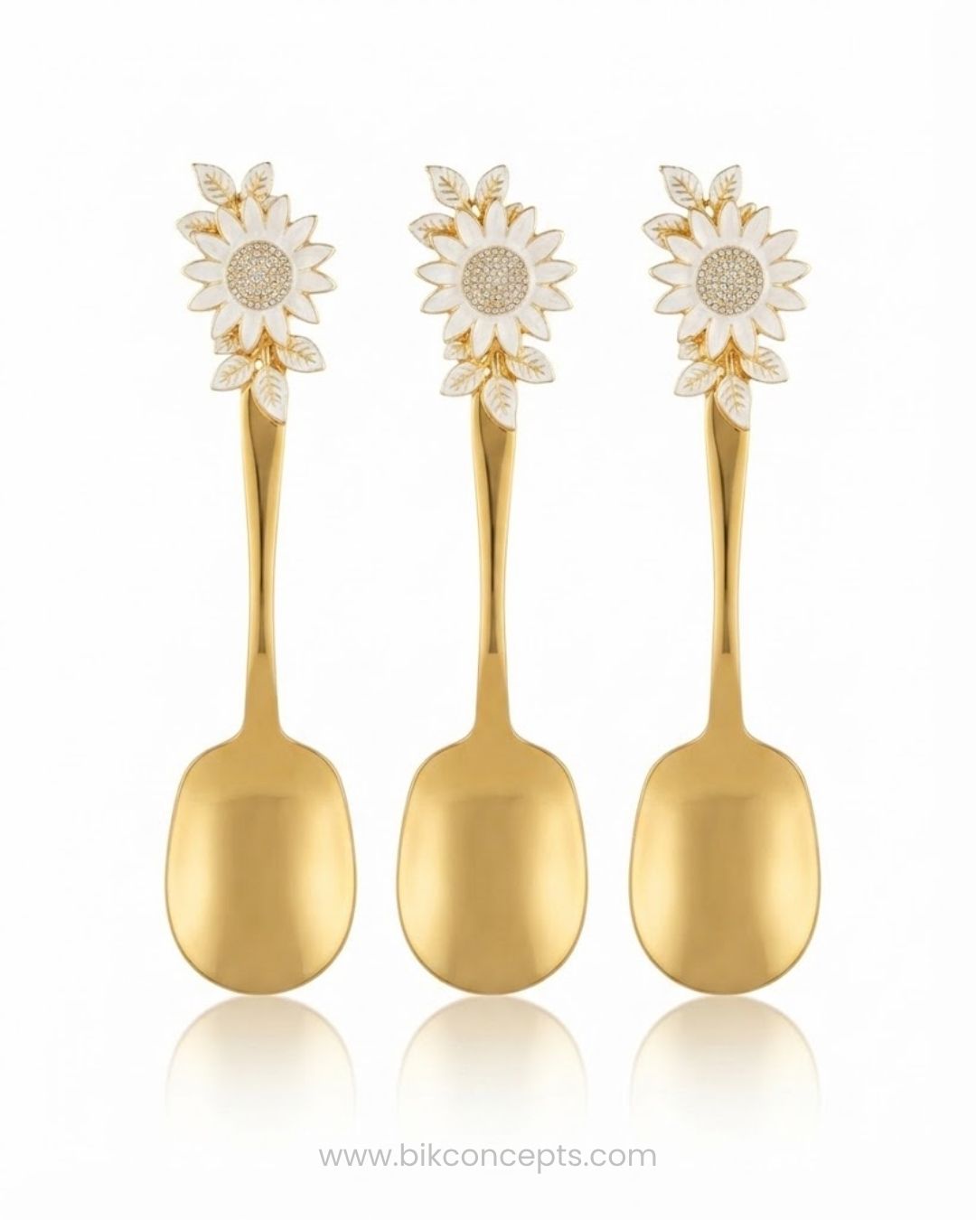Three gold spoons with sunflower-shaped handles, Gold Stainless Steel Rice Serving Spoon, Sunflower Flat Rice Paddle, 11 Inch Flat Gold Serving Spoon, Set of 3 Gold Rice Spoons, Set of 5 Buffet Rice Paddles, Decorative Floral Handle Kitchen Utensils, Gold Biryani Serving Spoon Set, Luxury Tableware Rice Server, Decorative Flat Serving Utensils, High End Entertaining Rice Paddle