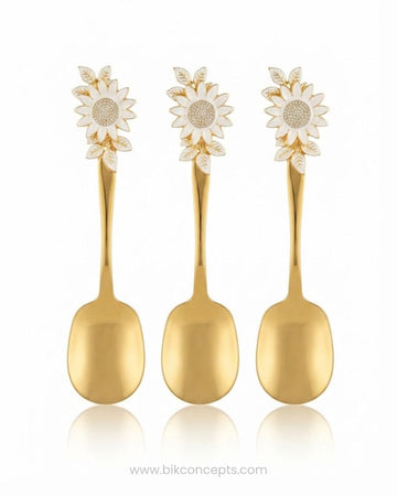 Three gold spoons with sunflower-shaped handles, Gold Stainless Steel Rice Serving Spoon, Sunflower Flat Rice Paddle, 11 Inch Flat Gold Serving Spoon, Set of 3 Gold Rice Spoons, Set of 5 Buffet Rice Paddles, Decorative Floral Handle Kitchen Utensils, Gold Biryani Serving Spoon Set, Luxury Tableware Rice Server, Decorative Flat Serving Utensils, High End Entertaining Rice Paddle