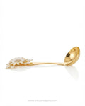 A gold-colored spoon featuring a detailed white daisy flower with gold accents on the handle, Gold Stainless Steel Soup Ladle, Sunflower Decorative Ladle Set, 11 Inch Round Gold Serving Ladle, Set of 3 Gold Soup Spoons, Set of 5 Buffet Serving Ladles, Floral Enamel Handle Kitchen Utensils, Luxury Punch Bowl Ladle Gold, Gold Tableware Serving Utensils, Decorative Gravy Ladle Set, High End Kitchen Entertaining Accessories