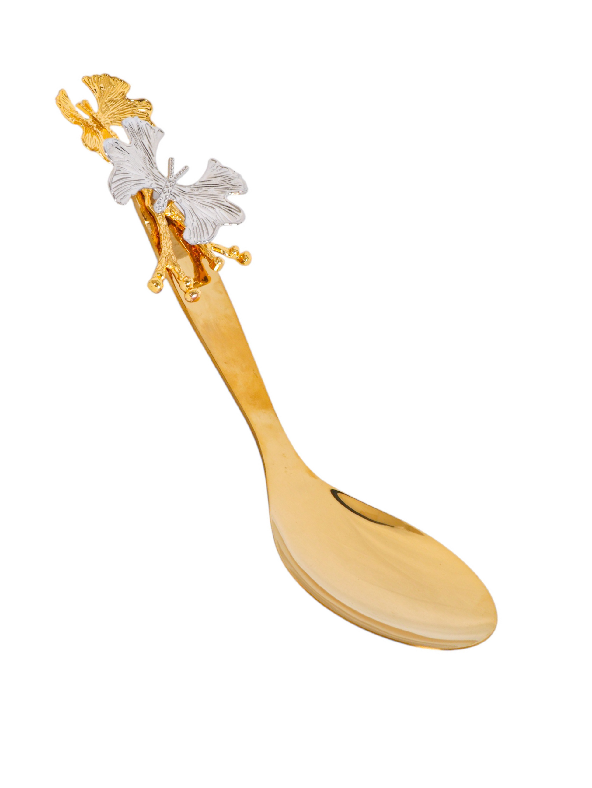 Elegant 12 inch serving spoon with gold and silver butterfly accent handle