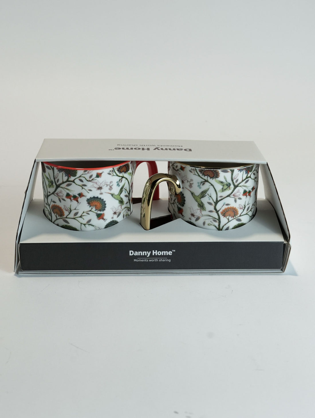 Exotic Porcelain Mug Set (450ml) - Hummingbird & Vine Print with Gold & Red Handles