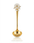 A polished gold ladle featuring a decorative sunflower handle with white and gold petals,Gold Stainless Steel Soup Ladle, Sunflower Decorative Ladle Set, 11 Inch Round Gold Serving Ladle, Set of 3 Gold Soup Spoons, Set of 5 Buffet Serving Ladles, Floral Enamel Handle Kitchen Utensils, Luxury Punch Bowl Ladle Gold, Gold Tableware Serving Utensils, Decorative Gravy Ladle Set, High End Kitchen Entertaining Accessories