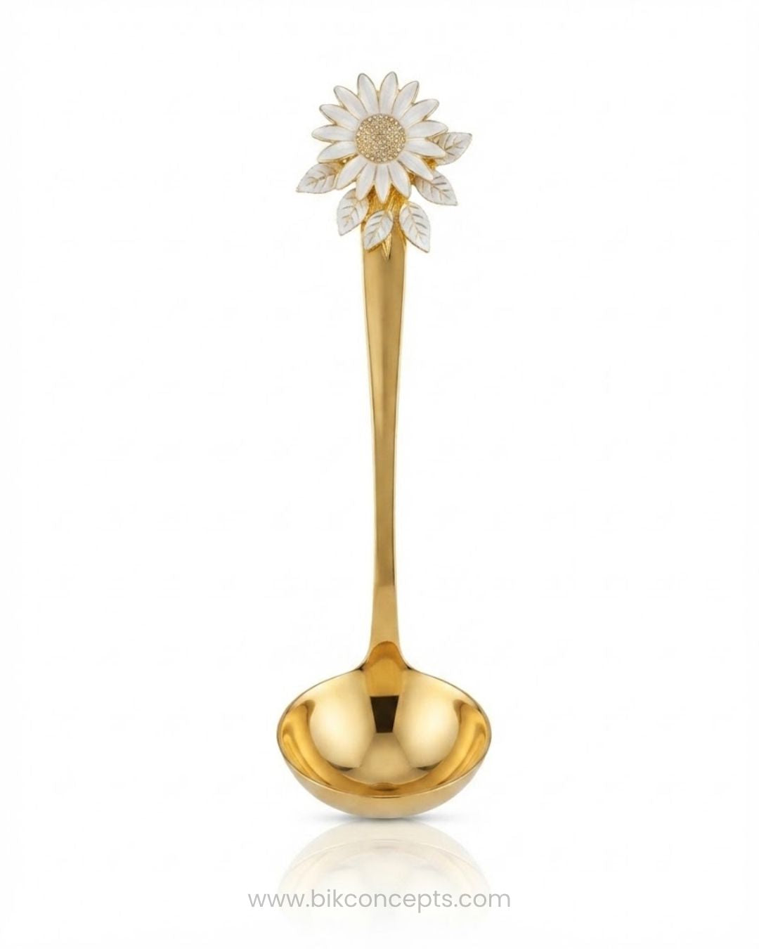 A polished gold ladle featuring a decorative sunflower handle with white and gold petals,Gold Stainless Steel Soup Ladle, Sunflower Decorative Ladle Set, 11 Inch Round Gold Serving Ladle, Set of 3 Gold Soup Spoons, Set of 5 Buffet Serving Ladles, Floral Enamel Handle Kitchen Utensils, Luxury Punch Bowl Ladle Gold, Gold Tableware Serving Utensils, Decorative Gravy Ladle Set, High End Kitchen Entertaining Accessories