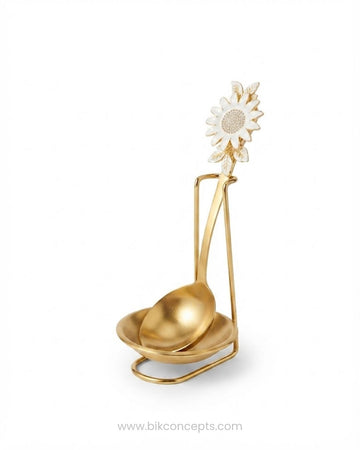 A gold-colored metal ladle with a decorative sunflower handle, Gold Stainless Steel Serving Spoon, Sunflower Decorative Serving Set, 11 Inch Round Gold Serving Spoons, Set of 3 Gold Buffet Spoons, Set of 5 Tableware Serving Spoons, Floral Enamel Handle Flatware, Luxury Gold Serving Utensils, Decorative Kitchen Serving Spoons, High End Entertaining Cutlery, Gold Rice and Curry Serving Spoon