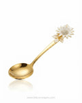 Gold Stainless Steel Serving Spoon, Sunflower Decorative Serving Set, 11 Inch Round Gold Serving Spoons, Set of 3 Gold Buffet Spoons, Set of 5 Tableware Serving Spoons, Floral Enamel Handle Flatware, Luxury Gold Serving Utensils, Decorative Kitchen Serving Spoons, High End Entertaining Cutlery, Gold Rice and Curry Serving Spoon