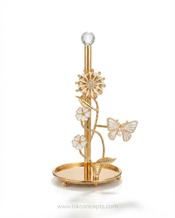 12" Gold Metal Paper Towel Holder - Decorative Floral Vine, Crystal Finial & Pearl Butterfly Stand for Kitchen Counters, Buffets & Catering Tables