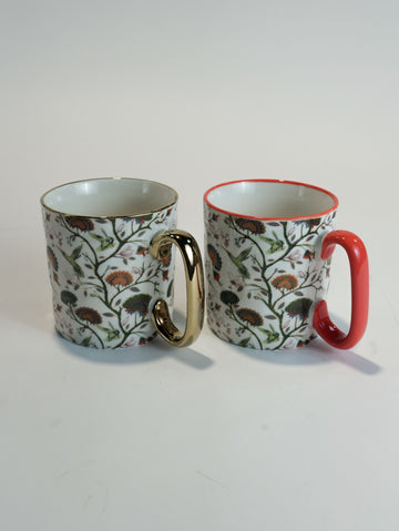 Exotic Porcelain Mug Set (450ml) - Hummingbird & Vine Print with Gold & Red Handles