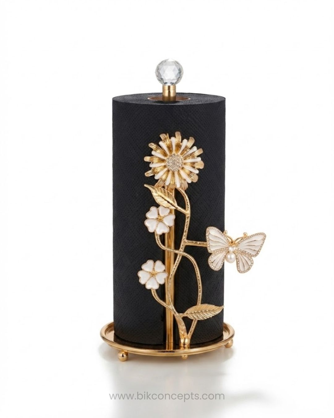 12" Gold Metal Paper Towel Holder - Decorative Floral Vine, Crystal Finial & Pearl Butterfly Stand for Kitchen Counters, Buffets & Catering Tables