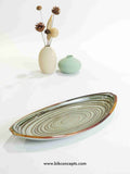 14 inch boat platter, willow green melamine tray, long oval serving dish, shatterproof appetizer platter, unbreakable sushi tray, green melamine server.