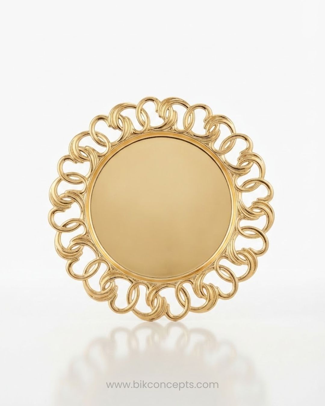 A round gold-toned decorative mirror with an ornate, openwork filigree border, Gold Charger Plates Set of 6, Interlocking Loop Plastic Charger Plates, 13 Inch Round Service Plates, Luxury Wedding Table Decor US, Catering Charger Plates Bulk, Openwork Chain Link Underplates, Gold Metallic Place Setting Base Plates, Modern Event Decor Charger Plates, Wholesale Catering Tableware, High End Dinnerware Chargers