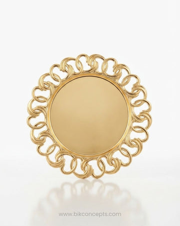 A round gold-toned decorative mirror with an ornate, openwork filigree border, Gold Charger Plates Set of 6, Interlocking Loop Plastic Charger Plates, 13 Inch Round Service Plates, Luxury Wedding Table Decor US, Catering Charger Plates Bulk, Openwork Chain Link Underplates, Gold Metallic Place Setting Base Plates, Modern Event Decor Charger Plates, Wholesale Catering Tableware, High End Dinnerware Chargers