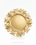 A round gold decorative frame or tray with an ornate filigree border and a smooth central circular opening, Gold Charger Plates Set of 6, Royal Crest Plastic Charger Plates, 13 Inch Round Service Plates, Luxury Wedding Table Decor US, Catering Charger Plates Bulk, Ornate Gold Place Setting Underplates, Gilded Scrollwork Table Base Plates, Event Decor Charger Plates, Wholesale Catering Tableware, High End Dinnerware Chargers