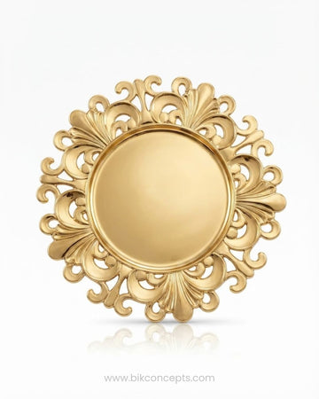 A round gold decorative frame or tray with an ornate filigree border and a smooth central circular opening, Gold Charger Plates Set of 6, Royal Crest Plastic Charger Plates, 13 Inch Round Service Plates, Luxury Wedding Table Decor US, Catering Charger Plates Bulk, Ornate Gold Place Setting Underplates, Gilded Scrollwork Table Base Plates, Event Decor Charger Plates, Wholesale Catering Tableware, High End Dinnerware Chargers