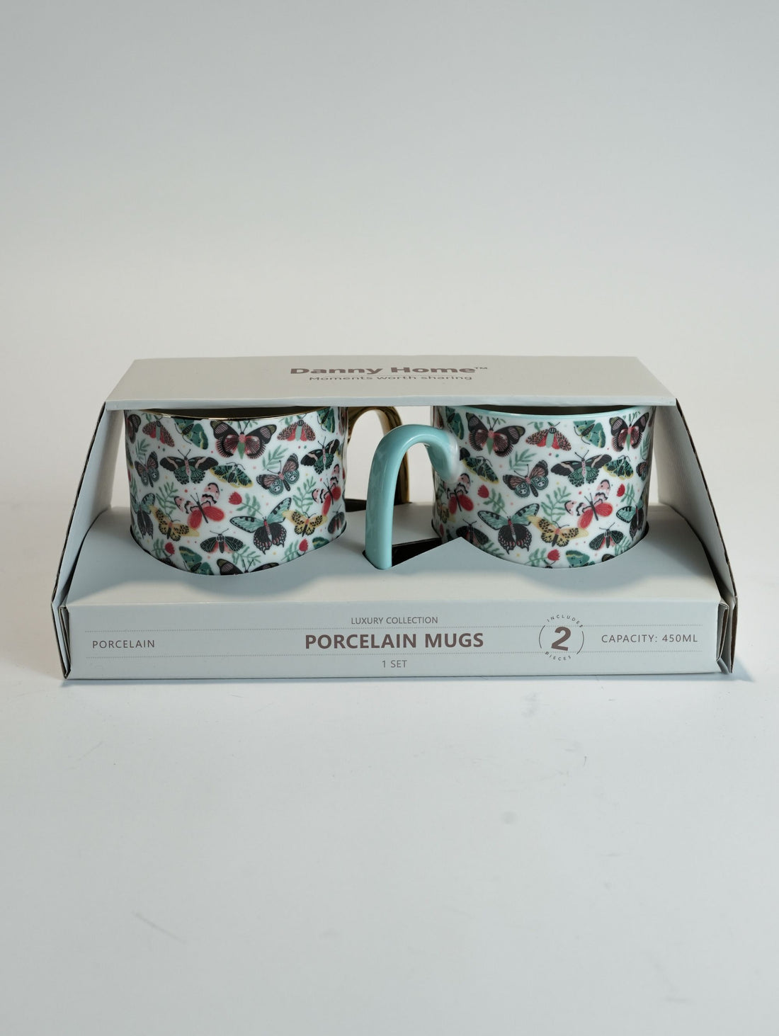 Elegant Porcelain Mug Set (450ml) - Butterfly & Moth Print with Gold & Light Blue Handles