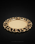 A round gold-colored metal tray with an ornate, decorative filigree border, Gold Charger Plates Set of 6, Interlocking Loop Plastic Charger Plates, 13 Inch Round Service Plates, Luxury Wedding Table Decor US, Catering Charger Plates Bulk, Openwork Chain Link Underplates, Gold Metallic Place Setting Base Plates, Modern Event Decor Charger Plates, Wholesale Catering Tableware, High End Dinnerware Chargers