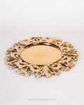A round decorative tray with an ornate sunburst or baroque-style scalloped border, finished in a warm gold tone, Gold Charger Plates Set of 6, Royal Crest Plastic Charger Plates, 13 Inch Round Service Plates, Luxury Wedding Table Decor US, Catering Charger Plates Bulk, Ornate Gold Place Setting Underplates, Gilded Scrollwork Table Base Plates, Event Decor Charger Plates, Wholesale Catering Tableware, High End Dinnerware Chargers