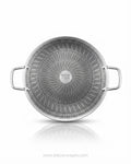 A round stainless steel pan shown from the bottom, featuring a textured sunburst pattern on the bottom base, two side handles, Honeycomb Stainless Steel Tawa 14 Inch, Scratch Resistant Crepe Pan Non Stick, Heavy Duty Commercial Flat Griddle Pan, Induction Ready Stainless Steel Flatbread Pan, SUS 316 Stainless Steel Dosa Tawa, Metal Utensil Safe Non Stick Crepe Maker, Dual Handle Commercial Roti Pan, 14 Inch Stainless Steel Flat Skillet, Hotel Catering Buffet Griddle Pan, Hybrid Stainless Steel Flat Cookware