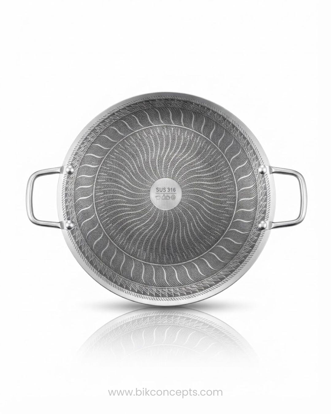 A round stainless steel pan shown from the bottom, featuring a textured sunburst pattern on the bottom base, two side handles, Honeycomb Stainless Steel Tawa 14 Inch, Scratch Resistant Crepe Pan Non Stick, Heavy Duty Commercial Flat Griddle Pan, Induction Ready Stainless Steel Flatbread Pan, SUS 316 Stainless Steel Dosa Tawa, Metal Utensil Safe Non Stick Crepe Maker, Dual Handle Commercial Roti Pan, 14 Inch Stainless Steel Flat Skillet, Hotel Catering Buffet Griddle Pan, Hybrid Stainless Steel Flat Cookware