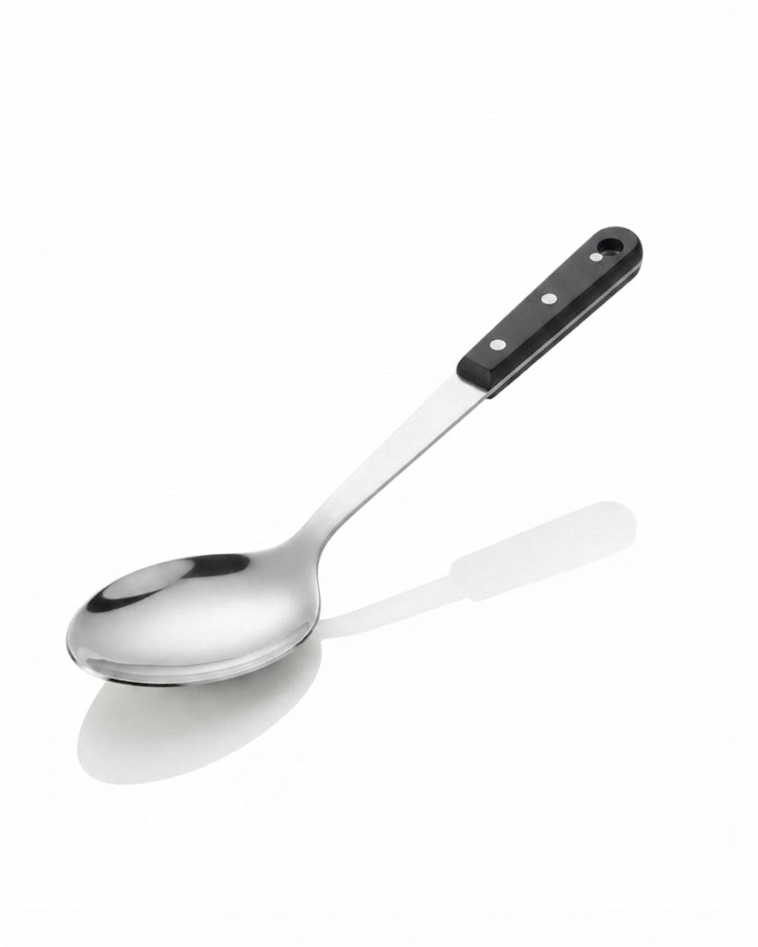 A stainless steel serving spoon with a black plastic handle, Stainless Steel Serving Spoon 14.5 Inch, Large Metal Buffet Serving Spoon, Commercial Catering Basting Spoon, Heavy Duty Riveted Handle Serving Utensil, Long Handle Chafing Dish Spoon, Industrial Hotel Banquet Serving Spoon, Professional Stainless Steel Food Spoon, Deep Bowl Buffet Spoon 2.8 Inch, Restaurant Quality Metal Serving Utensils, Durable Rice and Curry Serving Spoon