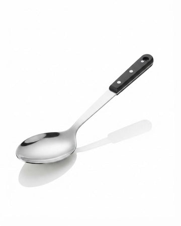 A stainless steel serving spoon with a black plastic handle, Stainless Steel Serving Spoon 14.5 Inch, Large Metal Buffet Serving Spoon, Commercial Catering Basting Spoon, Heavy Duty Riveted Handle Serving Utensil, Long Handle Chafing Dish Spoon, Industrial Hotel Banquet Serving Spoon, Professional Stainless Steel Food Spoon, Deep Bowl Buffet Spoon 2.8 Inch, Restaurant Quality Metal Serving Utensils, Durable Rice and Curry Serving Spoon