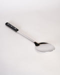 A long-handled metal serving spoon with a polished silver-toned bowl and handle, and a black plastic grip with three silver rivets,Stainless Steel Serving Spoon 14.5 Inch, Large Metal Buffet Serving Spoon, Commercial Catering Basting Spoon, Heavy Duty Riveted Handle Serving Utensil, Long Handle Chafing Dish Spoon, Industrial Hotel Banquet Serving Spoon, Professional Stainless Steel Food Spoon, Deep Bowl Buffet Spoon 2.8 Inch, Restaurant Quality Metal Serving Utensils, Durable Rice and Curry Serving Spoon