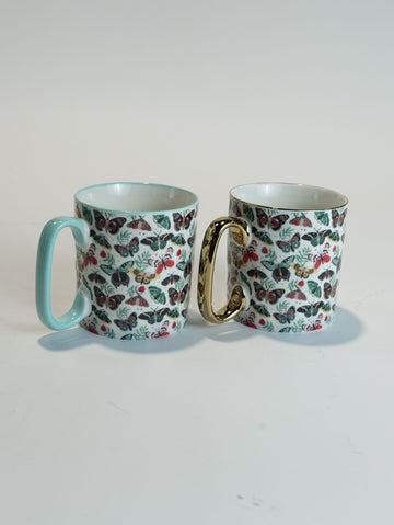 Elegant Porcelain Mug Set (450ml) - Butterfly & Moth Print with Gold & Light Blue Handles