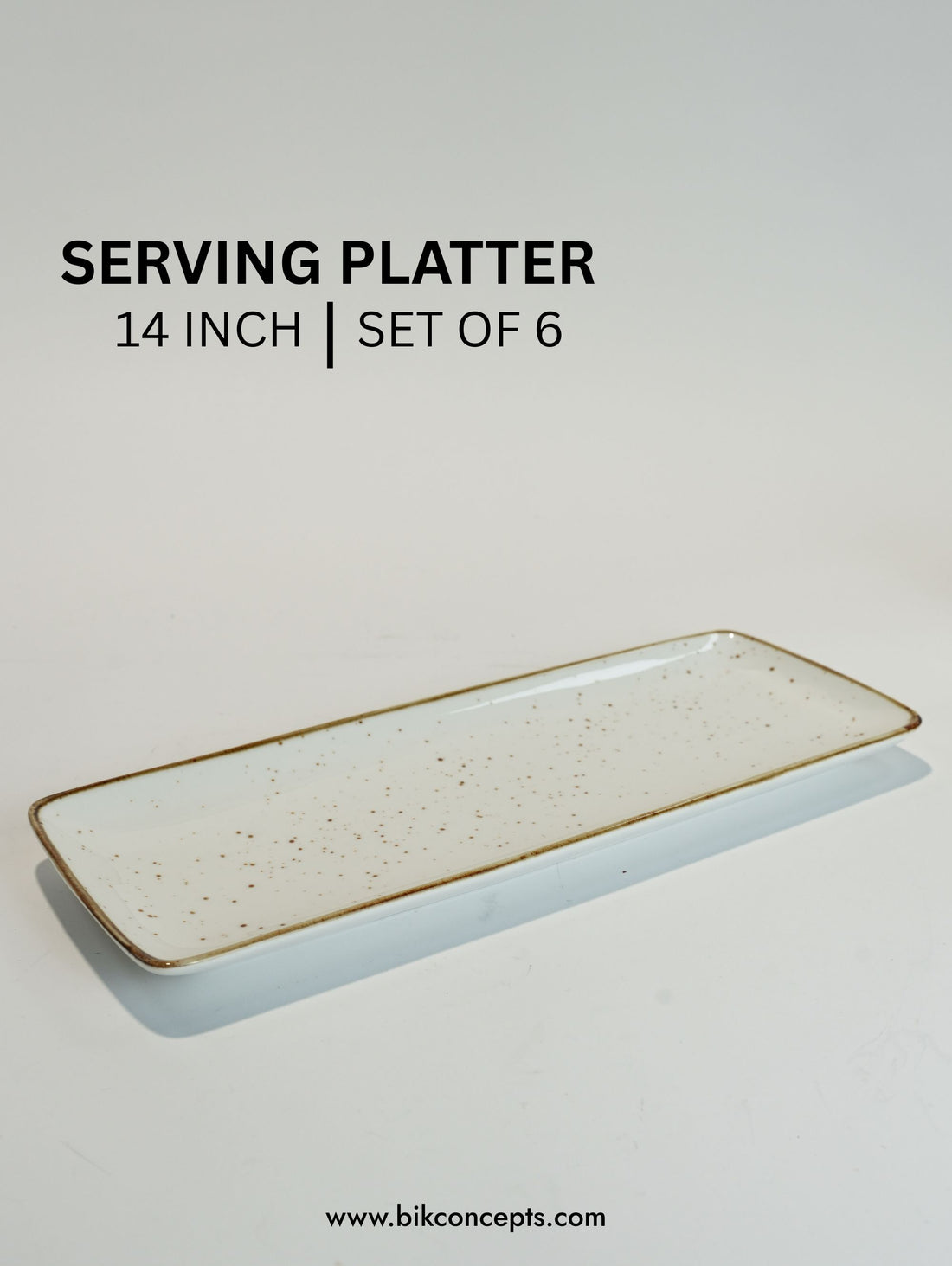 14 Inch Rectangular Speckled White Serving Platter Set of 6, Artisanal Ceramic Appetizer Serving Trays with Brown Rim, White Stoneware Sushi Platter, Commercial Grade Buffet Catering Trays, Dishwasher Safe White Ceramic Serving Dishes, BIK Concepts Large Platter Set