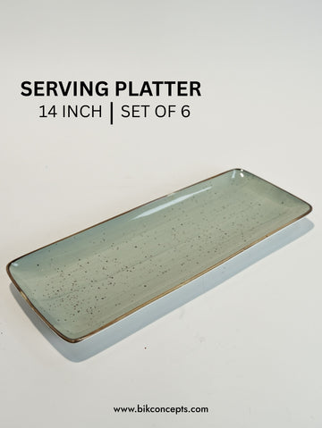 14 Inch Seafoam Speckle Serving Platter Set of 6, Artisanal Ceramic Appetizer Serving Trays with Dark Rim, Seafoam Green Stoneware Sushi Platter, Commercial Grade Buffet Catering Trays, Dishwasher Safe Green Ceramic Serving Dishes, BIK Concepts Large Platter Set