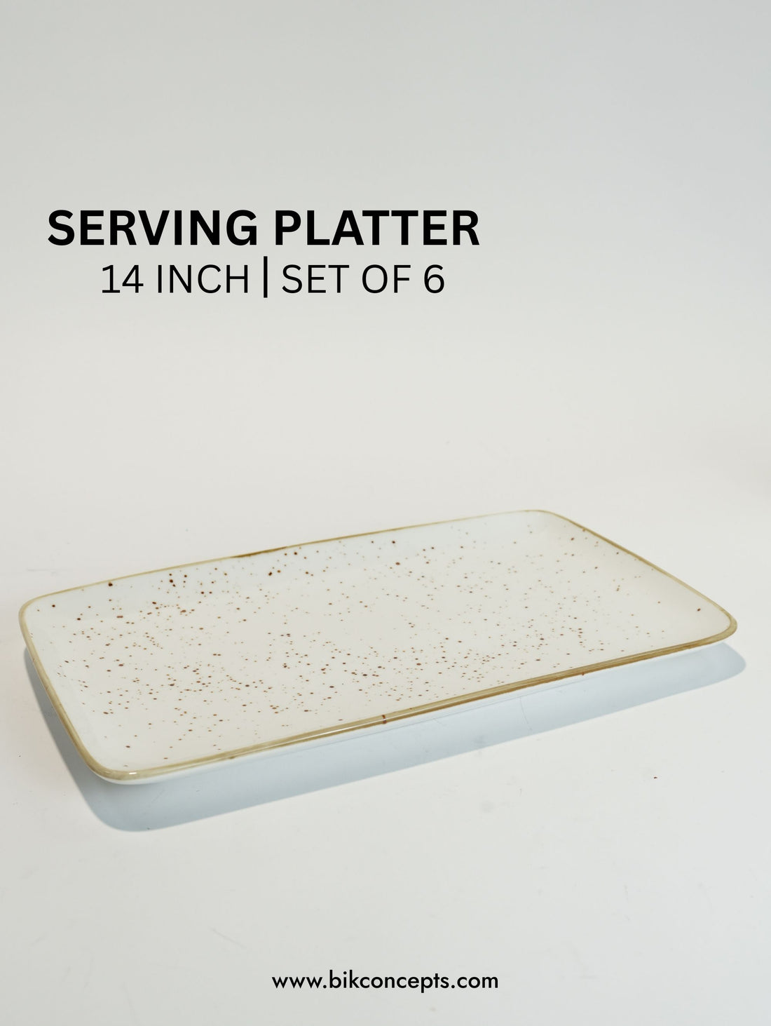 14 Inch Rectangular Speckled White Serving Platter Set of 6, Commercial Grade Ceramic Appetizer Trays with Speckled Finish, Stoneware Sushi and Charcuterie Platter, Dishwasher and Microwave Safe Rectangular Serving Dishes, BIK Concepts Buffet Catering Display Trays