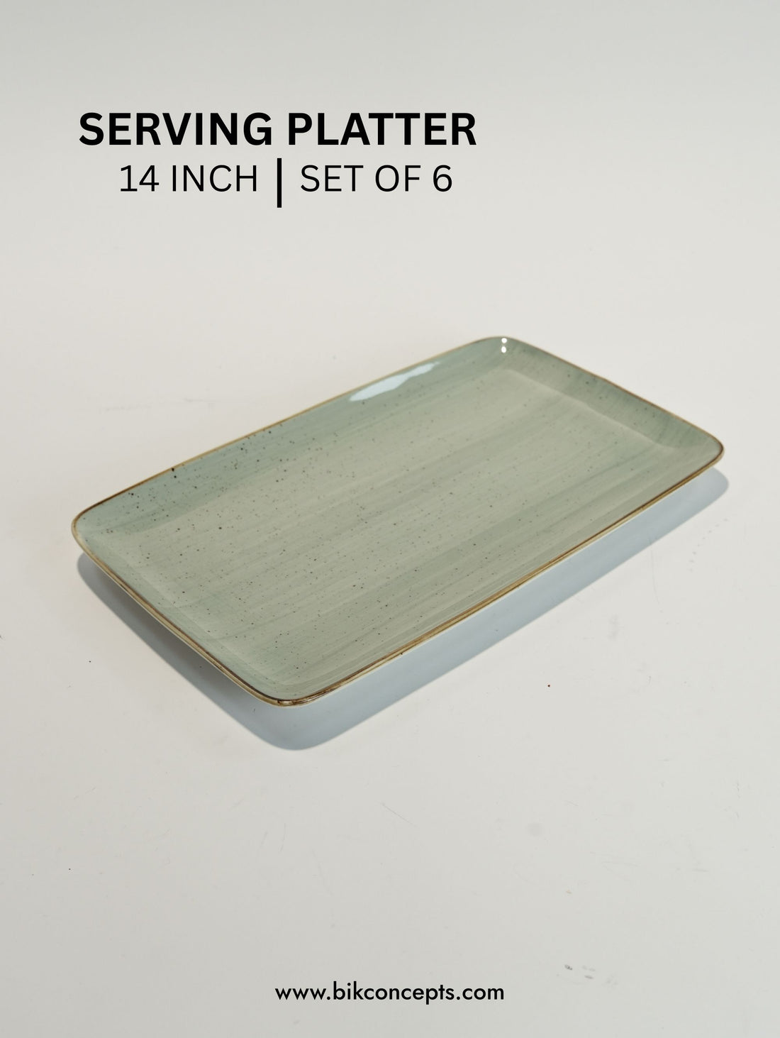 14 Inch seafoam green speckled Serving Platter Set of 6, Commercial Grade Ceramic Appetizer Trays, Porcelain Main Course Serving Platter, Dishwasher and Microwave Safe Rectangular Serving Dishes, Hotel Buffet Catering Display Trays, BIK Concepts Large Platter Set