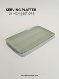 14 Inch seafoam green speckled Serving Platter Set of 6, Commercial Grade Ceramic Appetizer Trays, Porcelain Main Course Serving Platter, Dishwasher and Microwave Safe Rectangular Serving Dishes, Hotel Buffet Catering Display Trays, BIK Concepts Large Platter Set