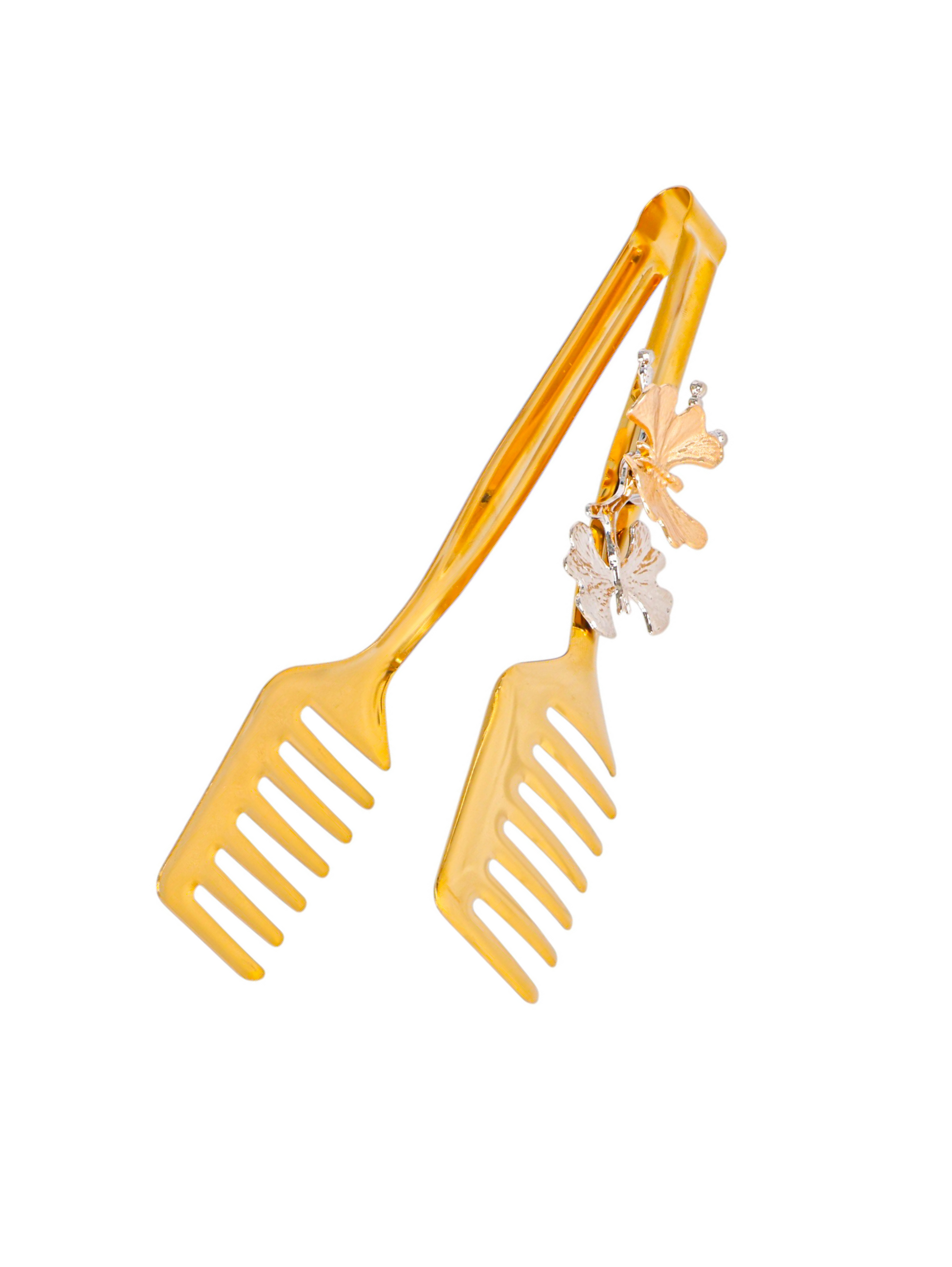 Gold pasta tong with butterfly accent handle, side view
