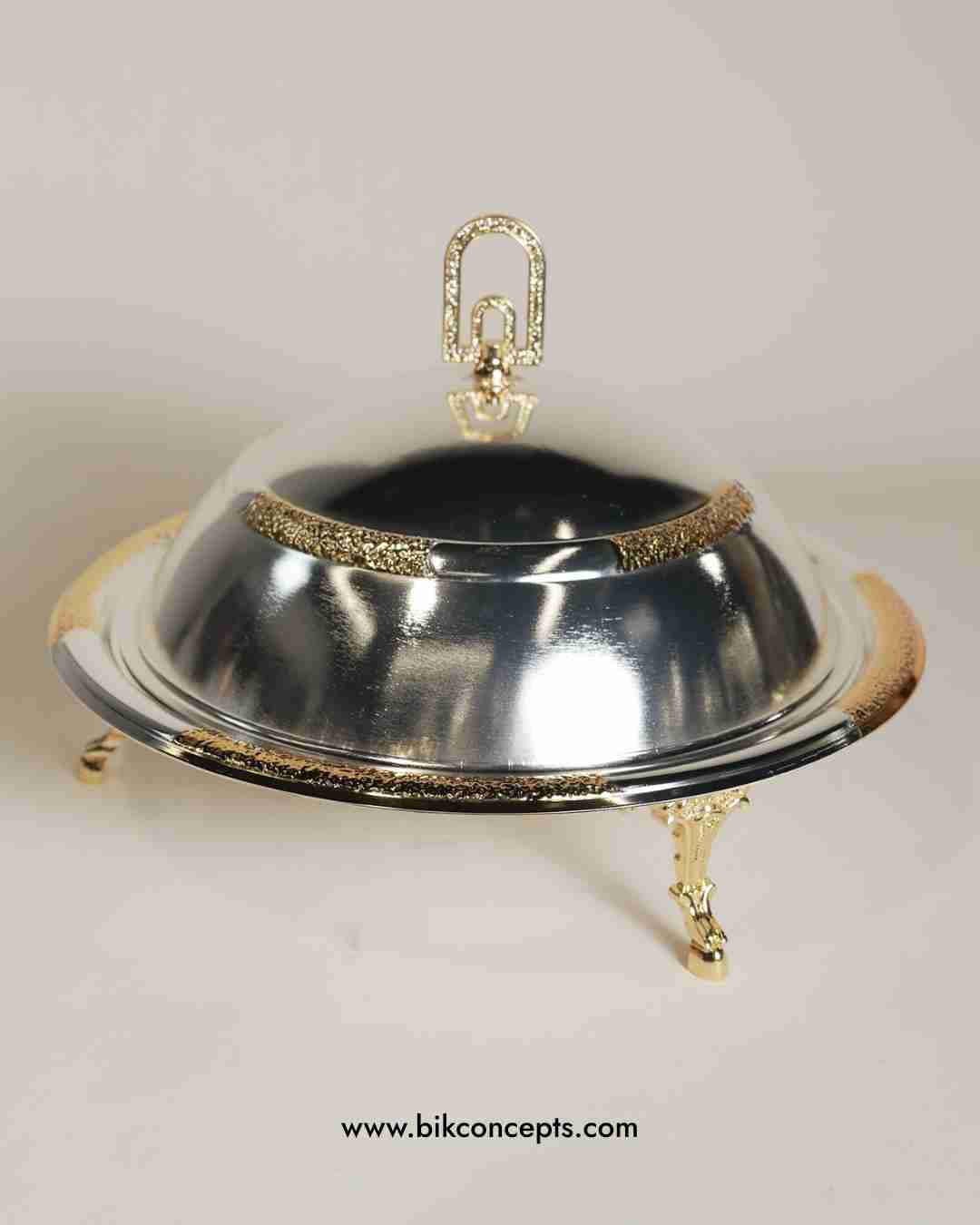Domed serving platter, stainless steel buffet server, silver and gold serving dish, elegant food warmer with lid, luxury hosting platter, decorative party server