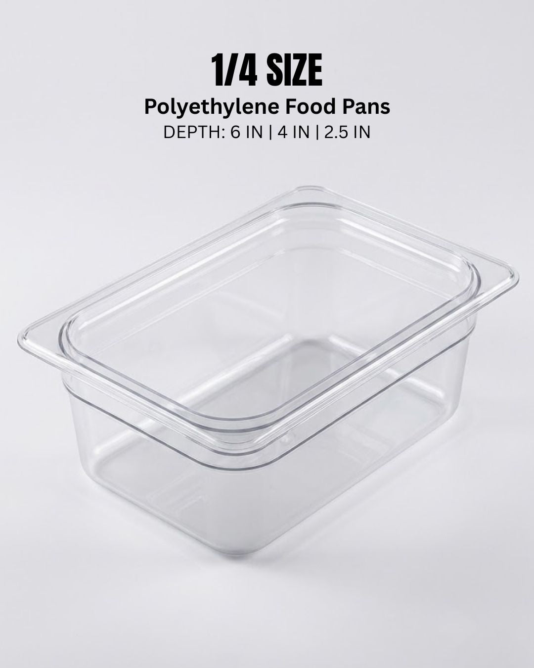 A clear rectangular 1/4 size polyethylene food pan with a matching lid, shown on a light gray background with black text overlay detailing its size and depth, 1/4 Size Food Pans, Clear Plastic Hotel Pans, Catering Prep Containers, Refrigerator Organizer Bins, Shatterproof Salad Bar Trays, Commercial Sandwich Table Pans, Home Meal Prep Containers, Polycarbonate Food Storage