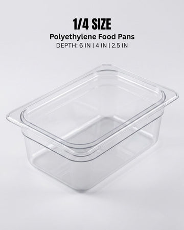 A clear rectangular 1/4 size polyethylene food pan with a matching lid, shown on a light gray background with black text overlay detailing its size and depth, 1/4 Size Food Pans, Clear Plastic Hotel Pans, Catering Prep Containers, Refrigerator Organizer Bins, Shatterproof Salad Bar Trays, Commercial Sandwich Table Pans, Home Meal Prep Containers, Polycarbonate Food Storage