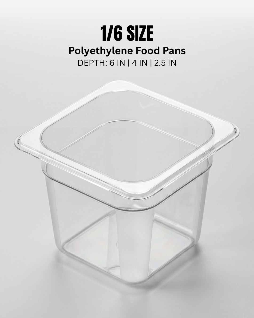 A clear polycarbonate food pan with a square lid, shown on a light gray background with text reading '1/6 SIZE Polycarbonate Food Pans' and size depth details, 1/6 Size Food Pans, Clear Plastic Hotel Pans, Catering Topping Containers, Refrigerator Organizer Bins, Shatterproof Condiment Trays, Commercial Sandwich Table Pans, Home Meal Prep Containers, 