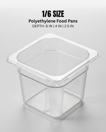 A clear polycarbonate food pan with a square lid, shown on a light gray background with text reading '1/6 SIZE Polycarbonate Food Pans' and size depth details, 1/6 Size Food Pans, Clear Plastic Hotel Pans, Catering Topping Containers, Refrigerator Organizer Bins, Shatterproof Condiment Trays, Commercial Sandwich Table Pans, Home Meal Prep Containers, 
