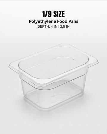 A clear 1/9 size polycarbonate food pan with a matching clear lid, shown on a light gray background with text at the top reading '1/9 SIZE Polycarbonate Food Pans DEPTH: 4 IN | 2.5 IN', 1/9 Size Food Pans, Clear Plastic Spice Trays, Catering Condiment Pans, Shatterproof Topping Bins, Refrigerator Organizer Pots, Food Truck Prep Containers, Mini Food Storage, Commercial Sauce Inserts, Small Meal Prep Containers